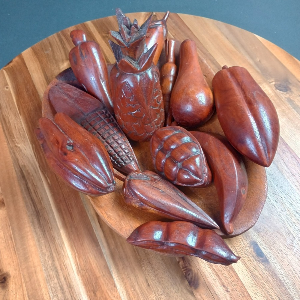 Vintage MCM Wooden Fruit Bowl‎ with 10 pc Wooden Fruit Veggie Decorative Dish